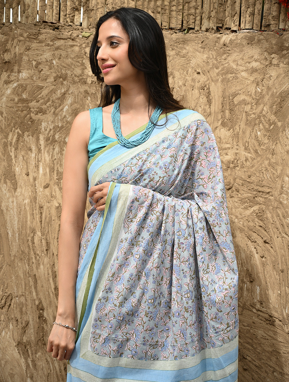 Sanganer Summers : Hand Block Printed Mul Cotton Saree - Dhusar Neel