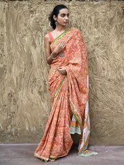Sanganer Summers : Hand Block Printed Mul Cotton Saree - Sinduri Bel