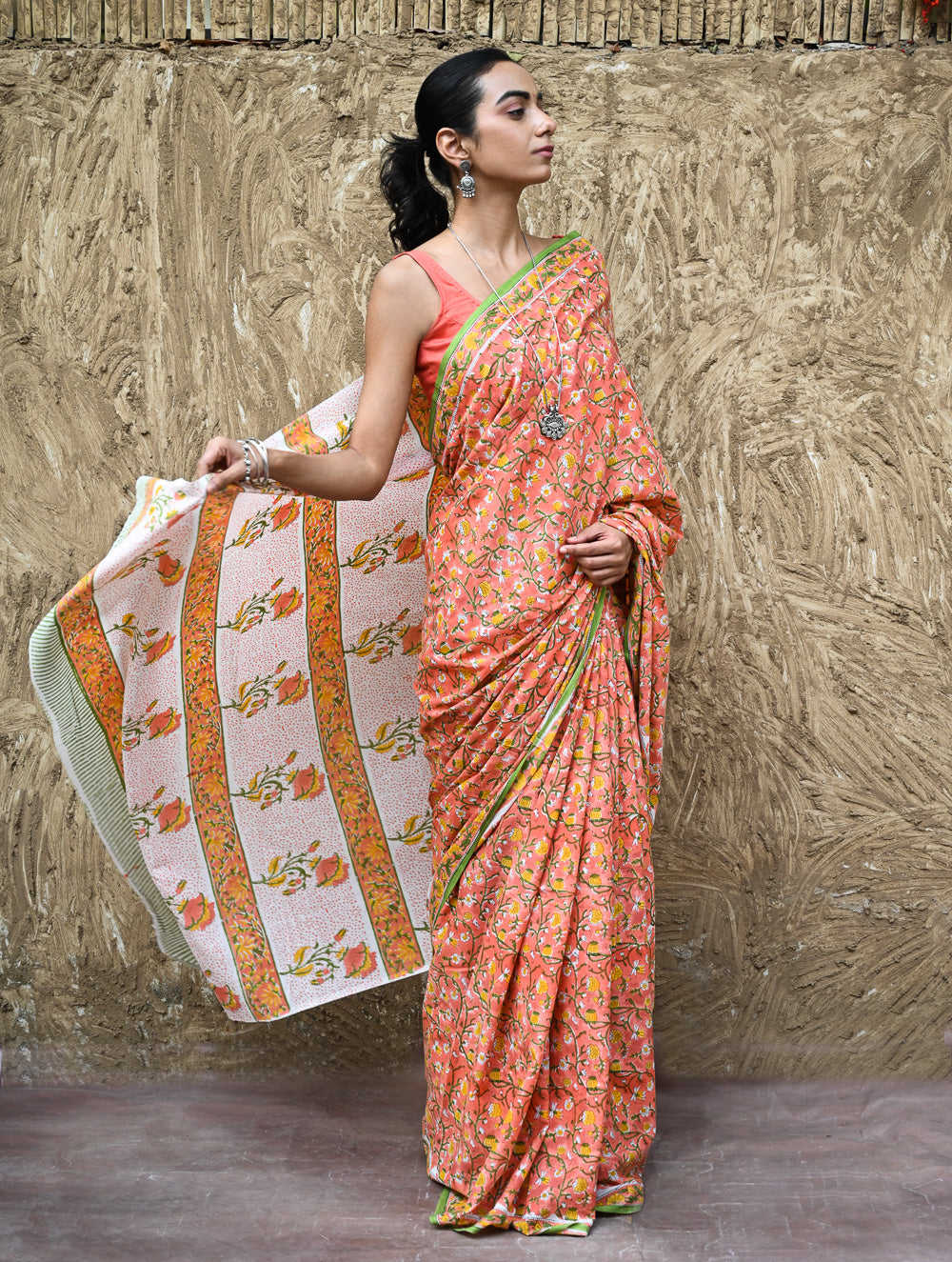 Sanganer Summers : Hand Block Printed Mul Cotton Saree - Sinduri Bel