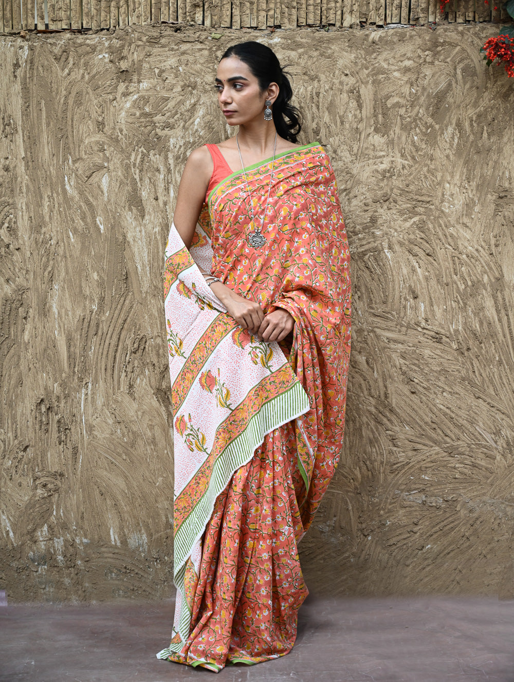 Sanganer Summers : Hand Block Printed Mul Cotton Saree - Sinduri Bel