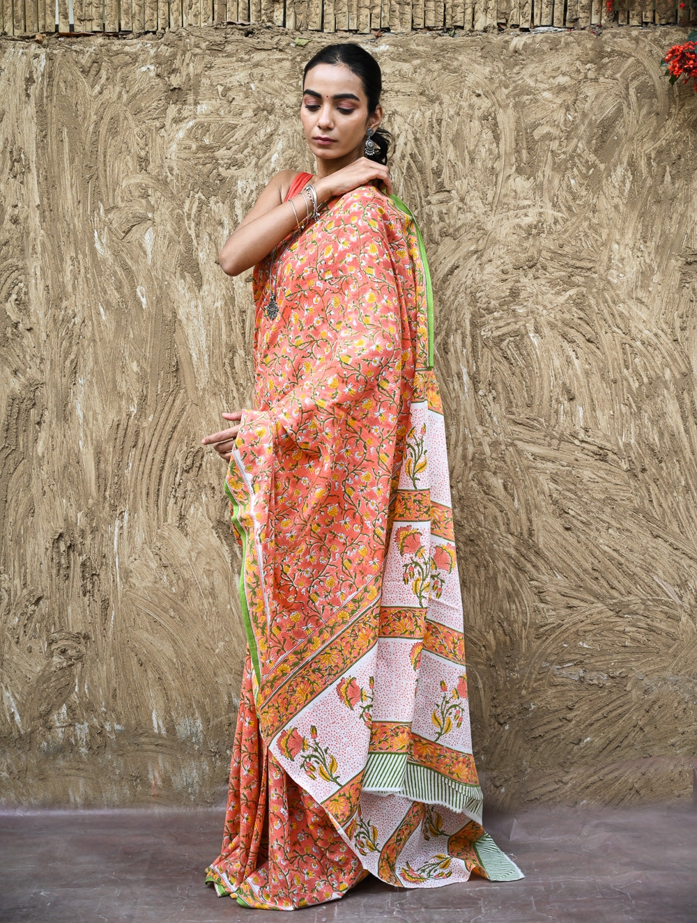 Sanganer Summers : Hand Block Printed Mul Cotton Saree - Sinduri Bel