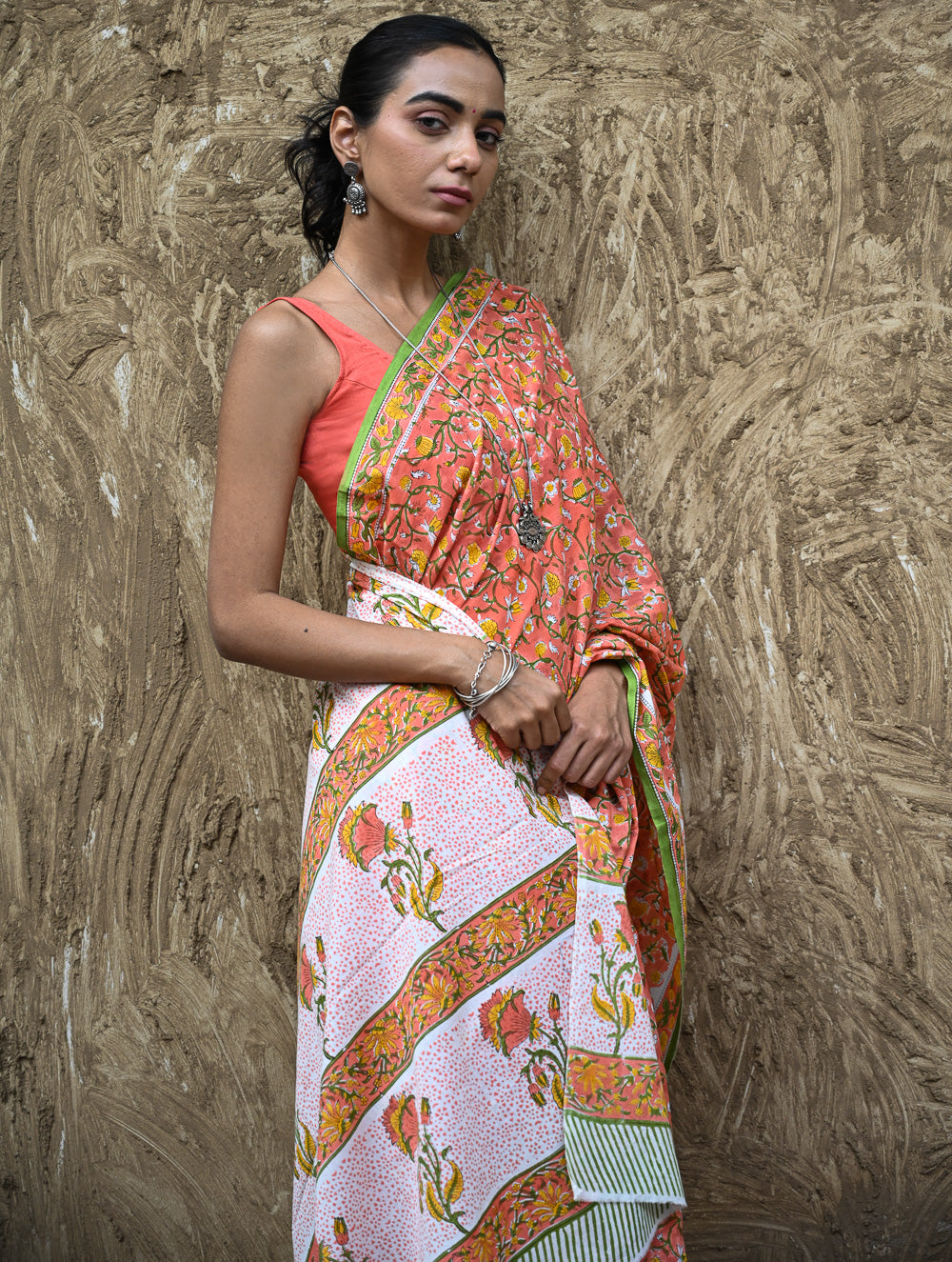 Sanganer Summers : Hand Block Printed Mul Cotton Saree - Sinduri Bel