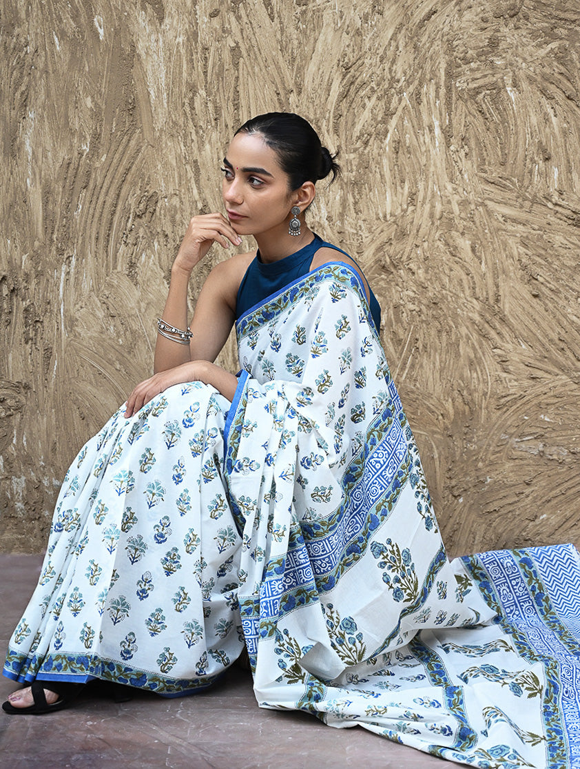 Sanganer Summers : Hand Block Printed Mul Cotton Saree - Champa aur Buta