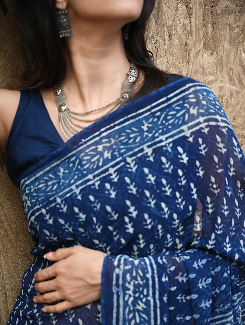 Dabu Vibes : Hand Block Printed Georgette Saree - Neel Bel