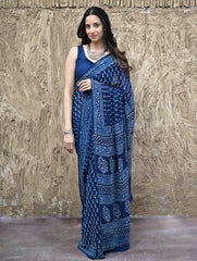 Dabu Vibes : Hand Block Printed Georgette Saree - Neel Bel