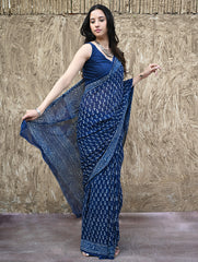 Dabu Vibes : Hand Block Printed Georgette Saree - Neel Bel