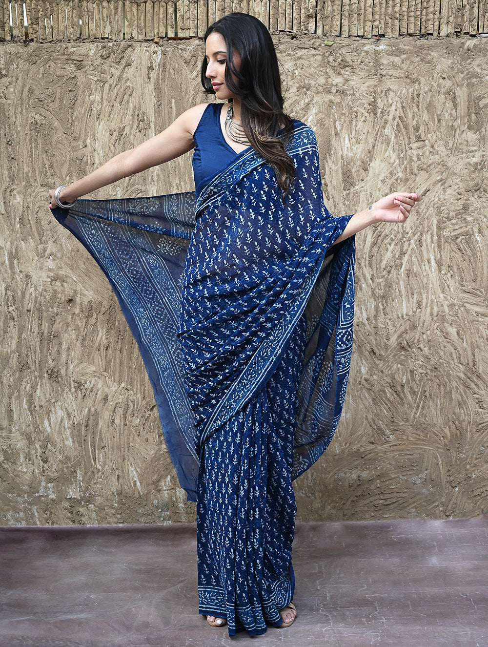 Dabu Vibes : Hand Block Printed Georgette Saree - Neel Bel