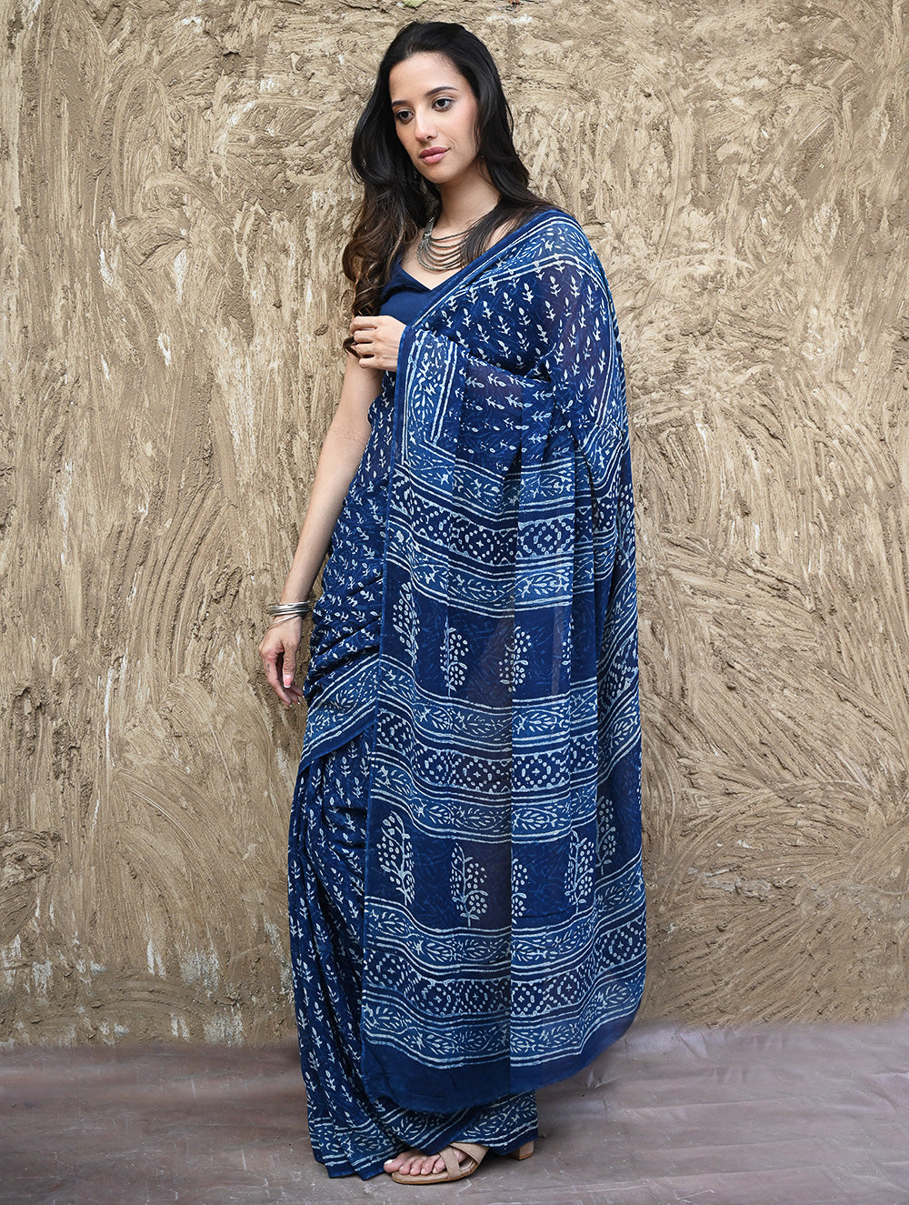 Dabu Vibes : Hand Block Printed Georgette Saree - Neel Bel