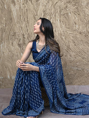 Dabu Vibes : Hand Block Printed Georgette Saree - Neel Bel