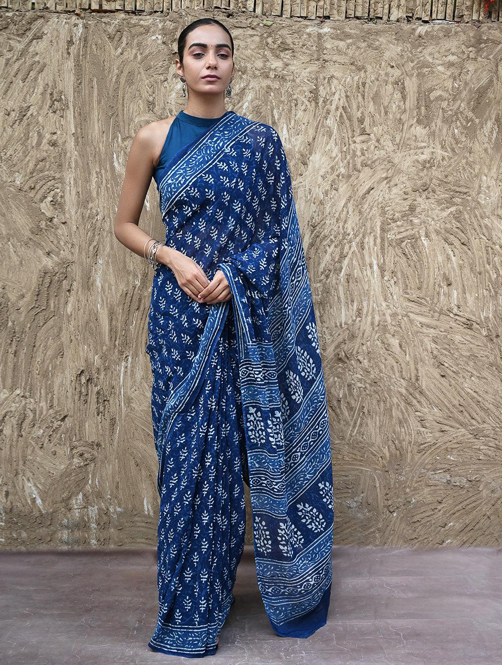 Dabu Vibes : Hand Block Printed Georgette Saree - Neele Gagan