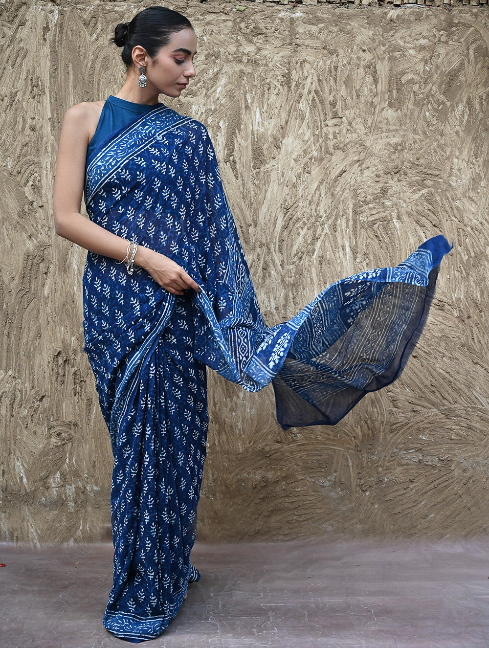 Dabu Vibes : Hand Block Printed Georgette Saree - Neele Gagan