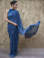 Dabu Vibes : Hand Block Printed Georgette Saree - Neele Gagan