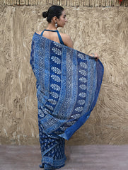 Dabu Vibes : Hand Block Printed Georgette Saree - Neele Gagan