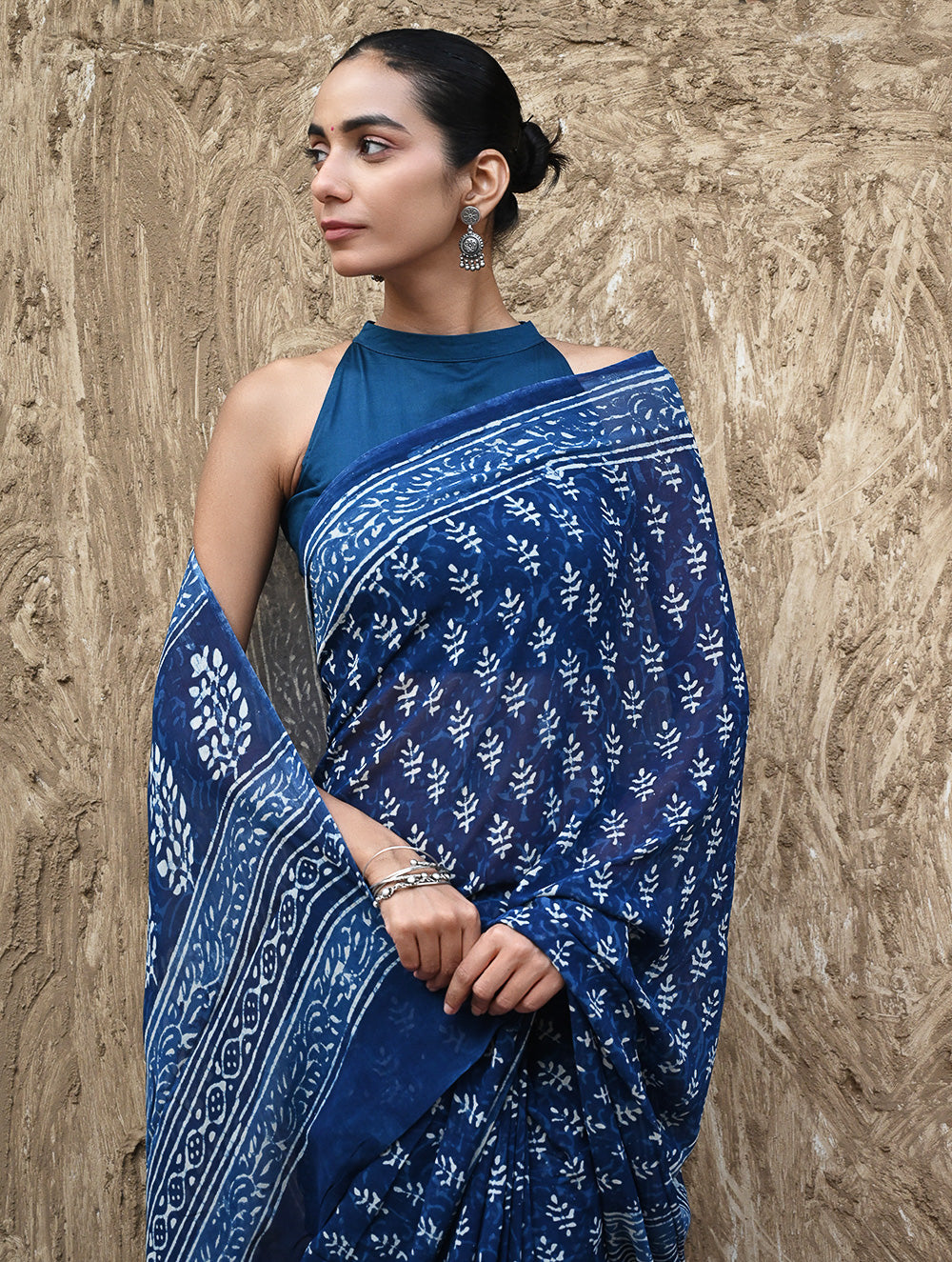 Dabu Vibes : Hand Block Printed Georgette Saree - Neele Gagan