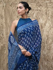 Dabu Vibes : Hand Block Printed Georgette Saree - Neele Gagan