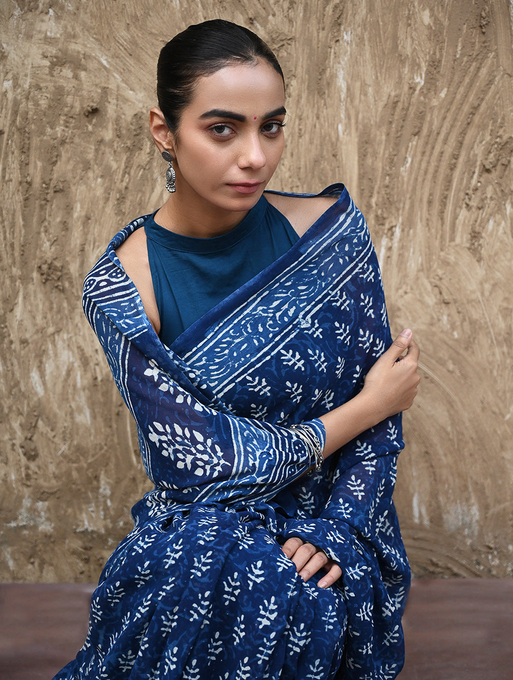 Dabu Vibes : Hand Block Printed Georgette Saree - Neele Gagan