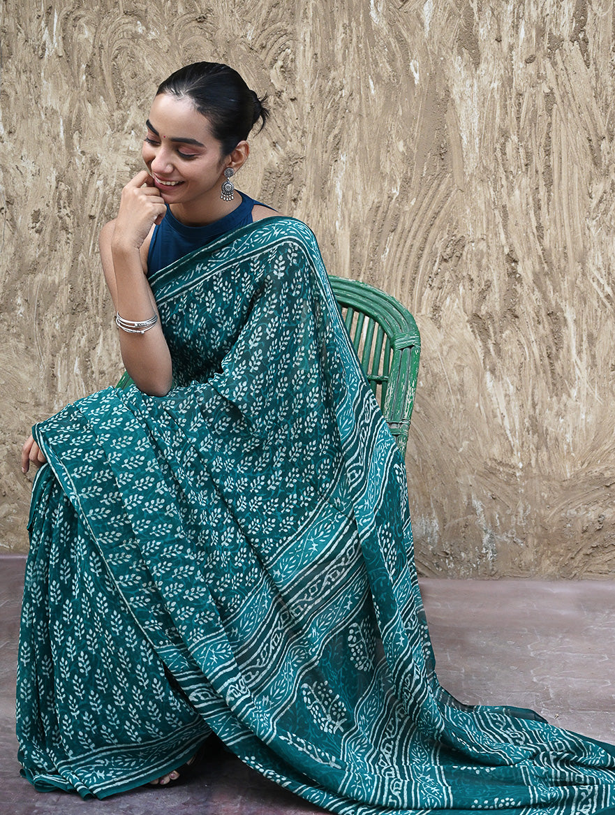 Dabu Vibes : Hand Block Printed Georgette Saree - Samudri