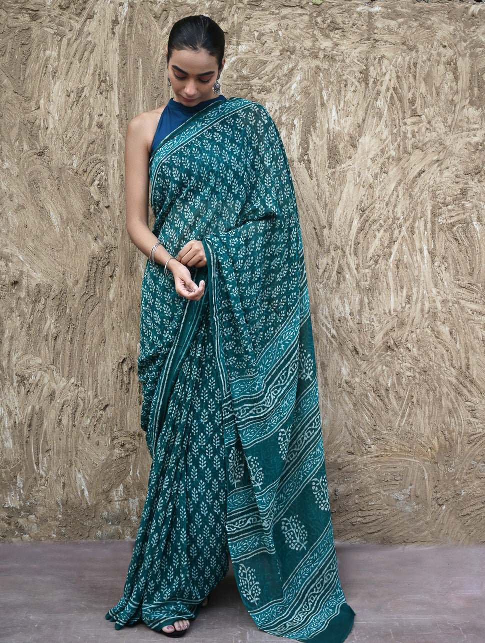 Dabu Vibes : Hand Block Printed Georgette Saree - Samudri