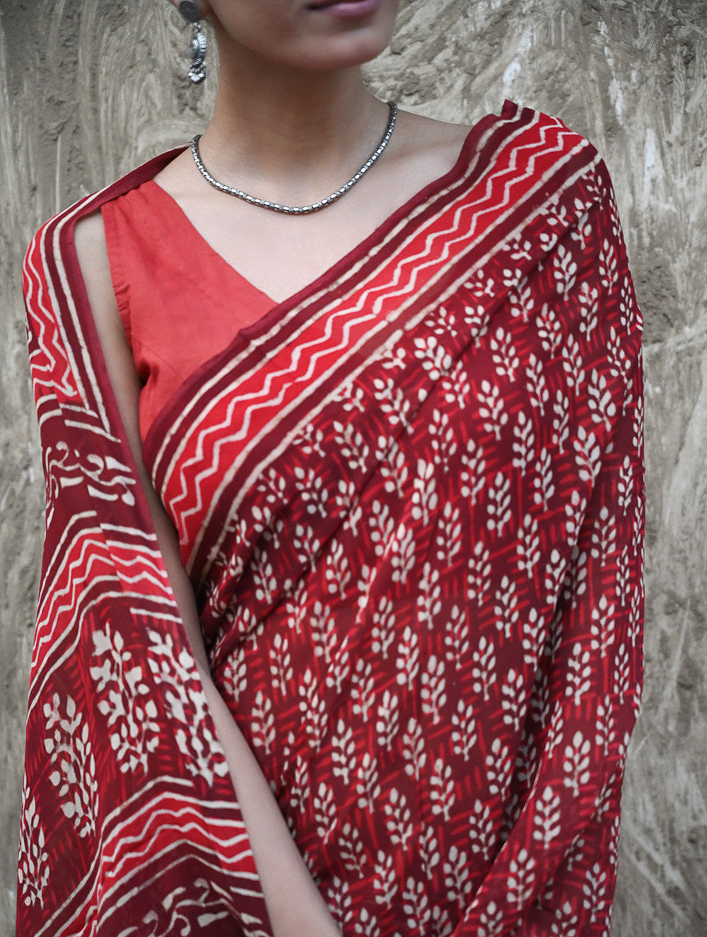 Dabu Vibes : Hand Block Printed Georgette Saree - Surkh Angoori