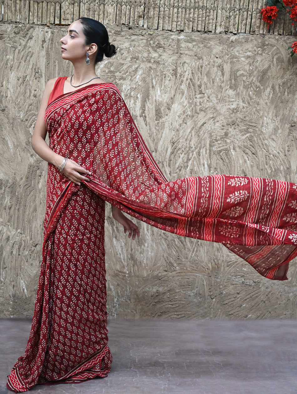 Dabu Vibes : Hand Block Printed Georgette Saree - Surkh Angoori