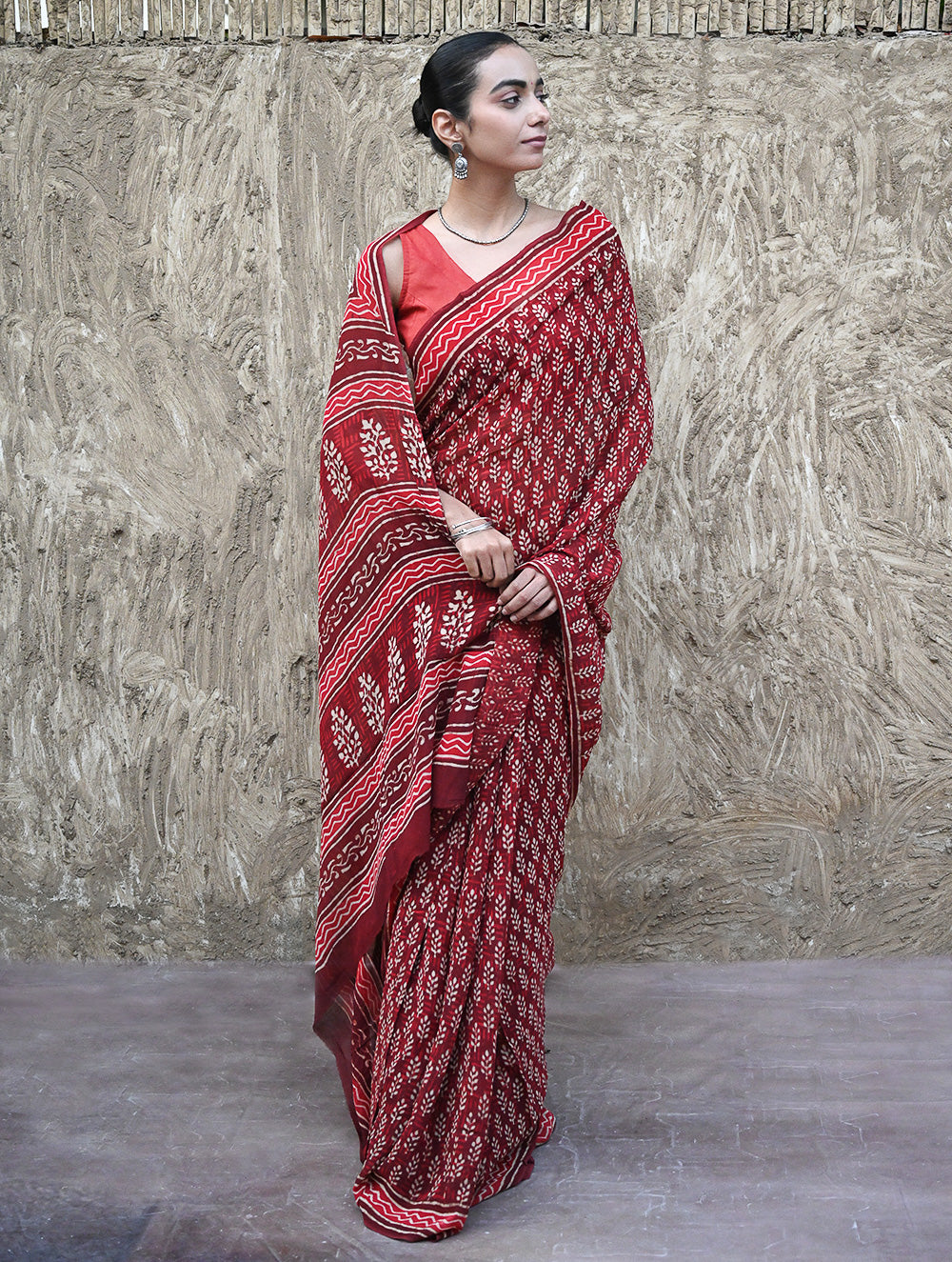 Dabu Vibes : Hand Block Printed Georgette Saree - Surkh Angoori