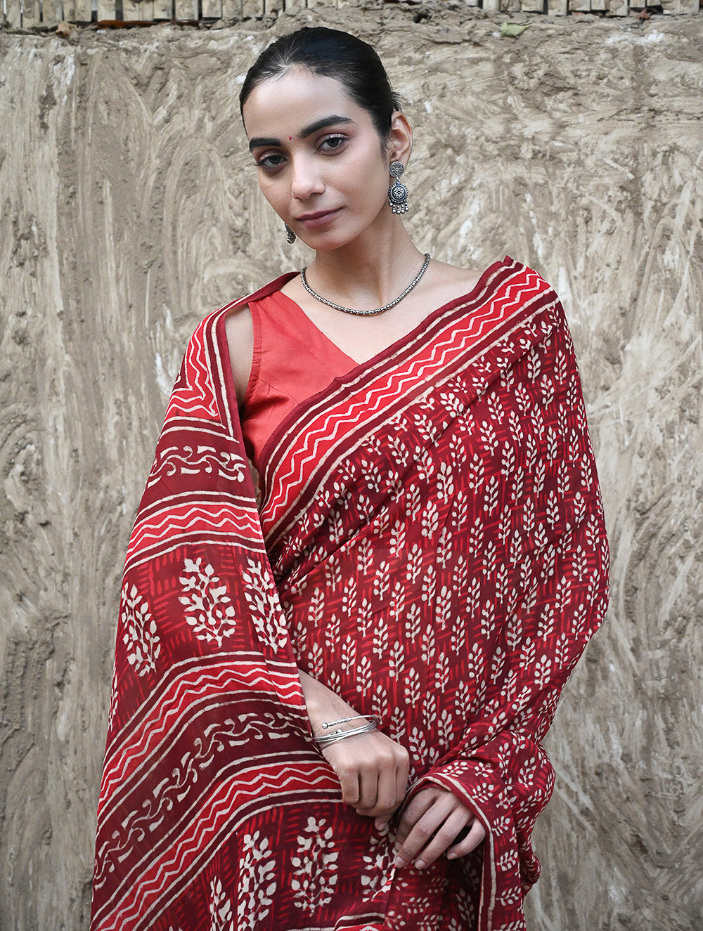 Dabu Vibes : Hand Block Printed Georgette Saree - Surkh Angoori