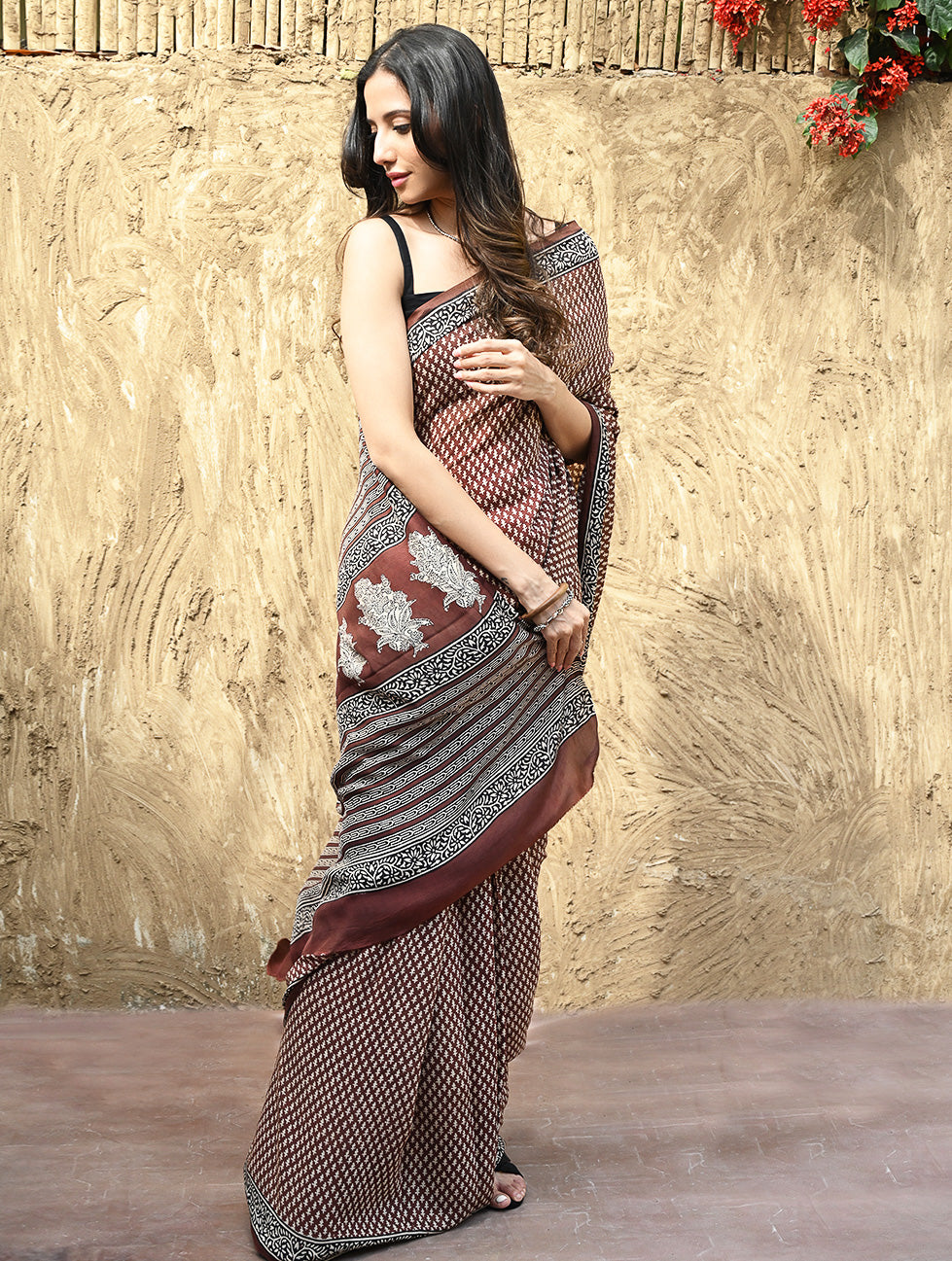 Bagru Statements : Hand Block Printed Modal Silk Saree - Maru Kasturi