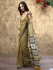 Bagru Statements : Hand Block Printed Modal Silk Saree - Peeli Dhara