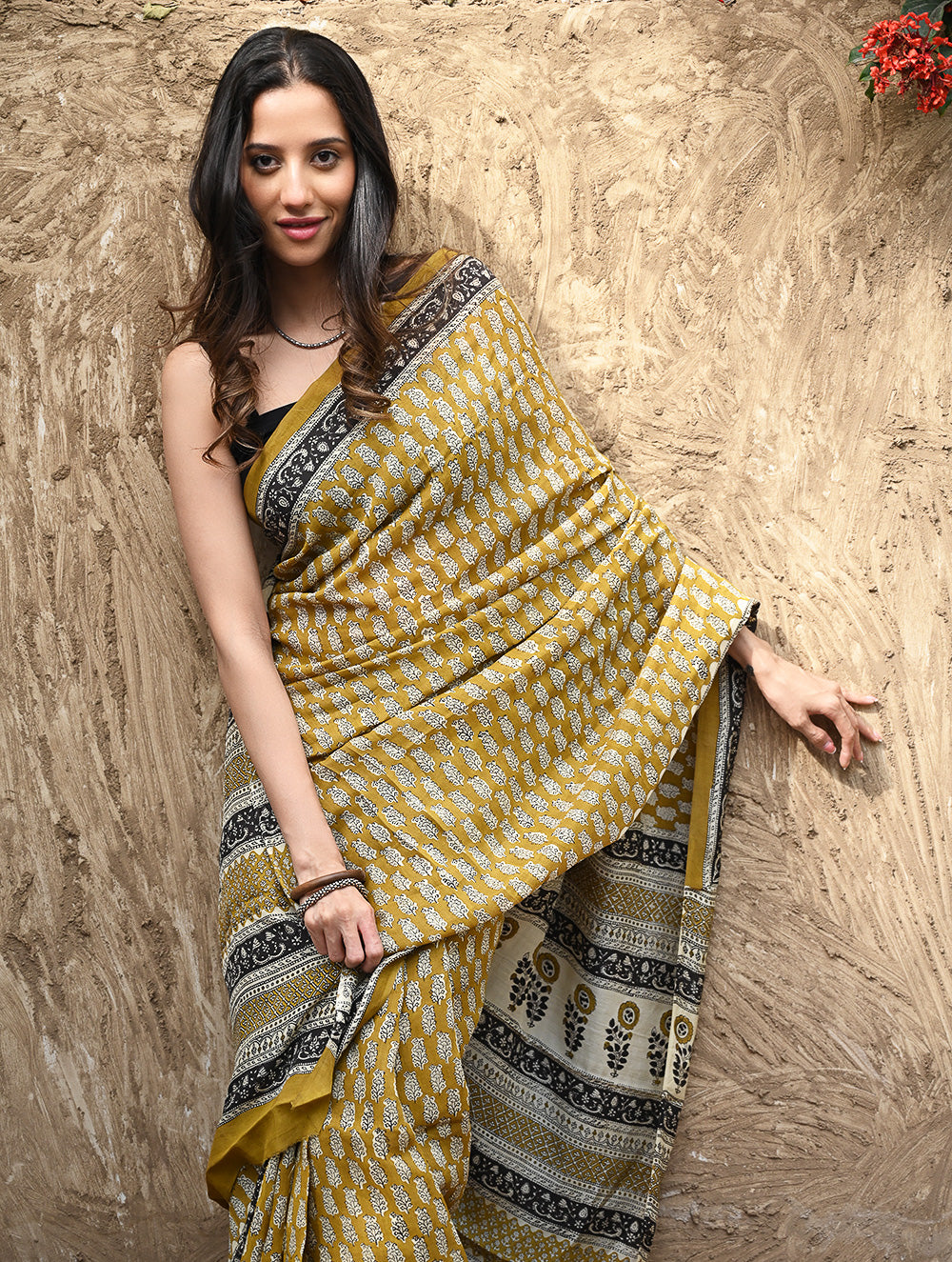 Bagru Statements : Hand Block Printed Modal Silk Saree - Peeli Dhara