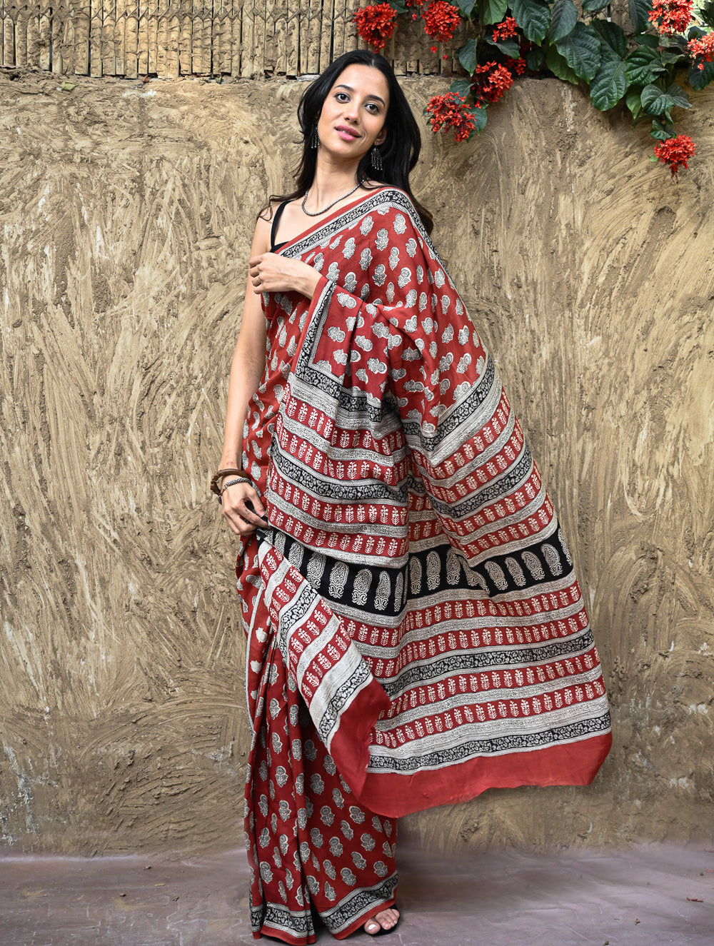 Bagru Statements : Hand Block Printed Modal Silk Saree - Surkh Bela