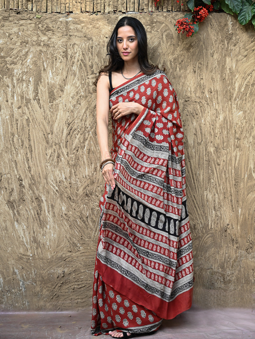 Bagru Statements : Hand Block Printed Modal Silk Saree - Surkh Bela