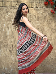Bagru Statements : Hand Block Printed Modal Silk Saree - Surkh Bela