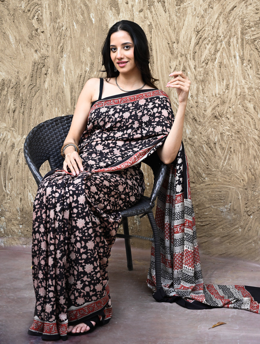 Bagru Statements : Hand Block Printed Modal Silk Saree - Raatrani