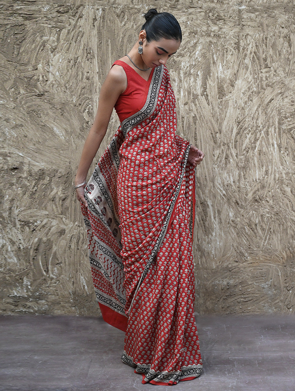 Bagru Statements : Hand Block Printed Modal Silk Saree - Lal Buti