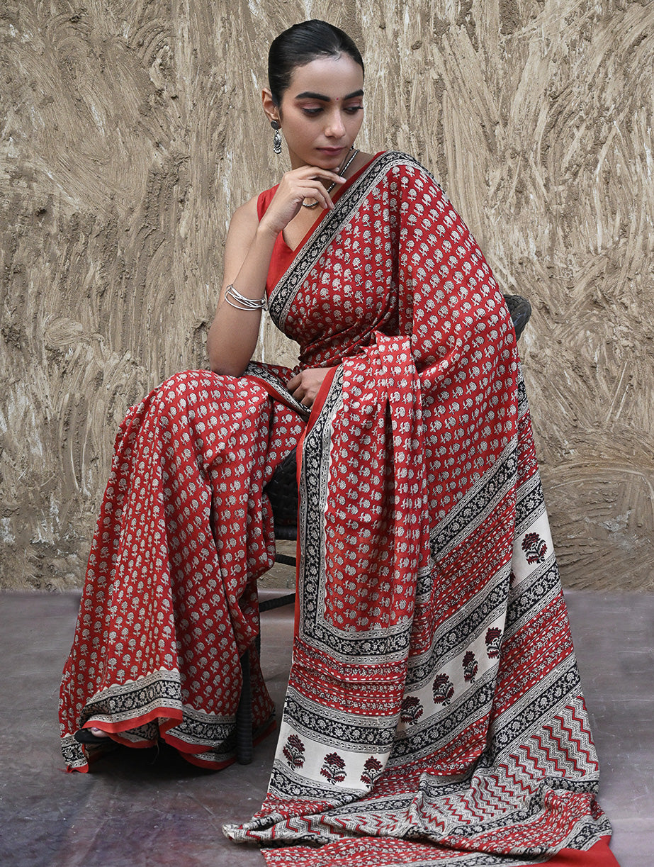 Bagru Statements : Hand Block Printed Modal Silk Saree - Lal Buti