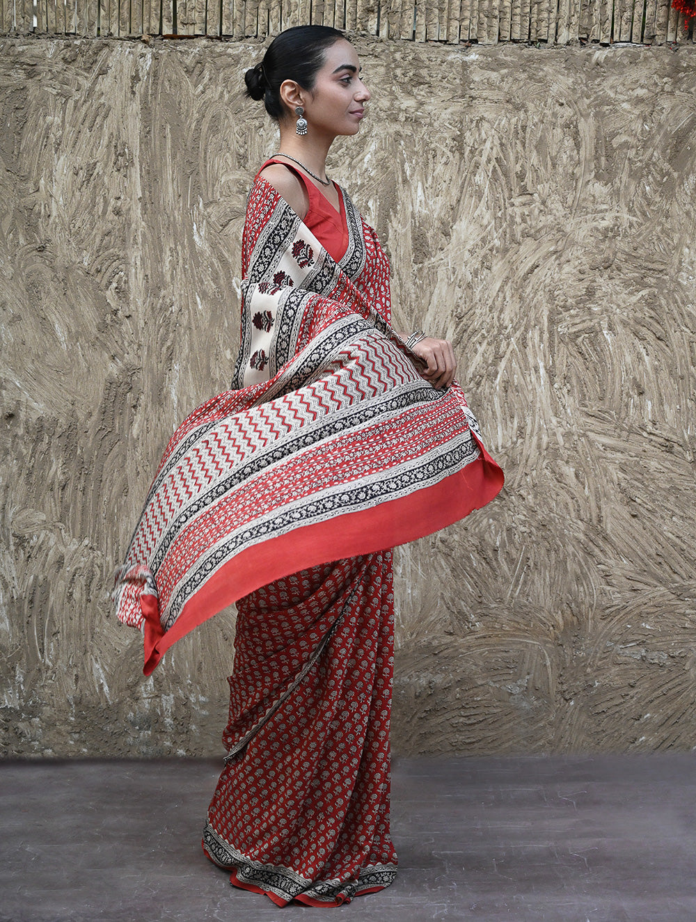 Bagru Statements : Hand Block Printed Modal Silk Saree - Lal Buti