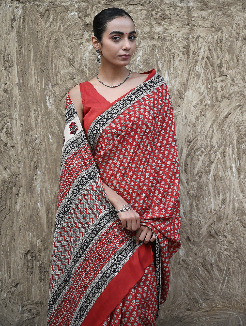 Bagru Statements : Hand Block Printed Modal Silk Saree - Lal Buti