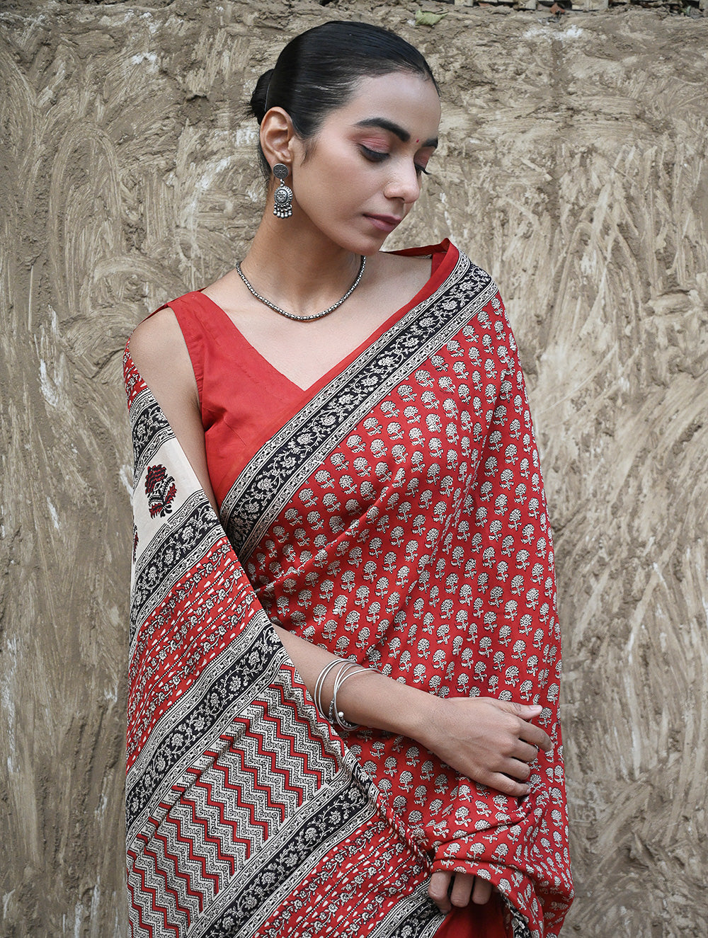 Bagru Statements : Hand Block Printed Modal Silk Saree - Lal Buti