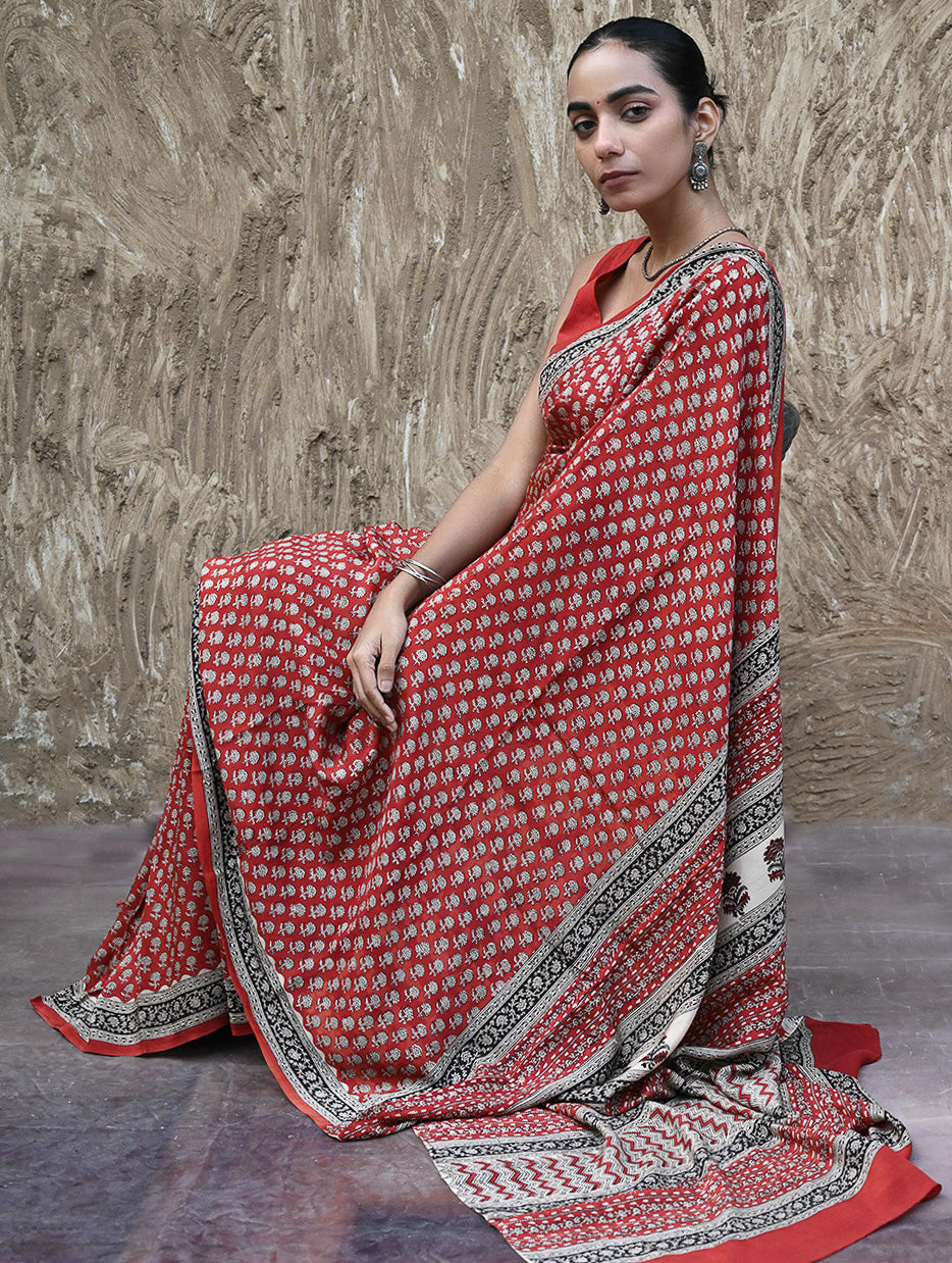 Bagru Statements : Hand Block Printed Modal Silk Saree - Lal Buti