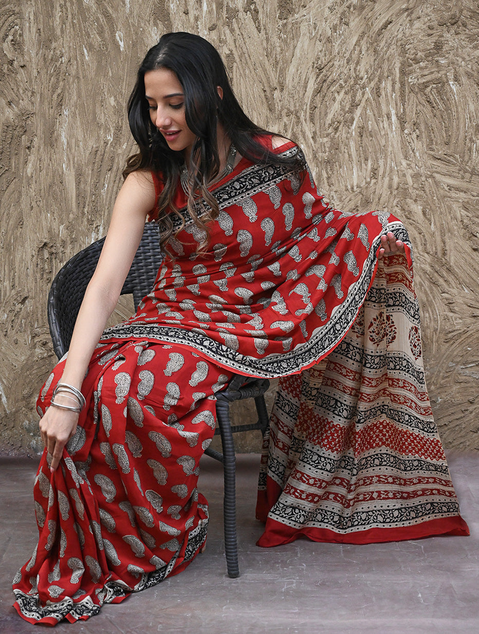 Bagru Statements : Hand Block Printed Modal Silk Saree - Geru Amiya 
