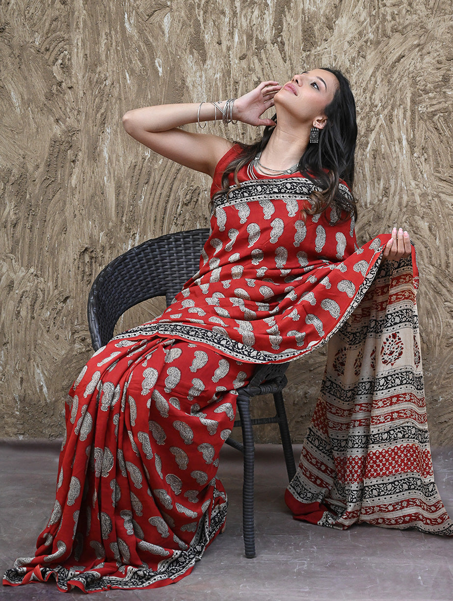 Bagru Statements : Hand Block Printed Modal Silk Saree - Geru Amiya 