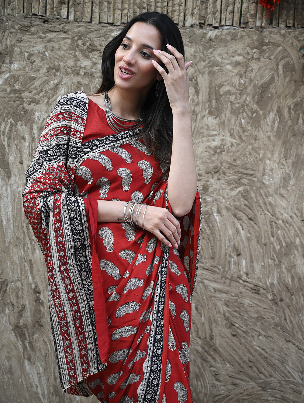 Bagru Statements : Hand Block Printed Modal Silk Saree - Geru Amiya 