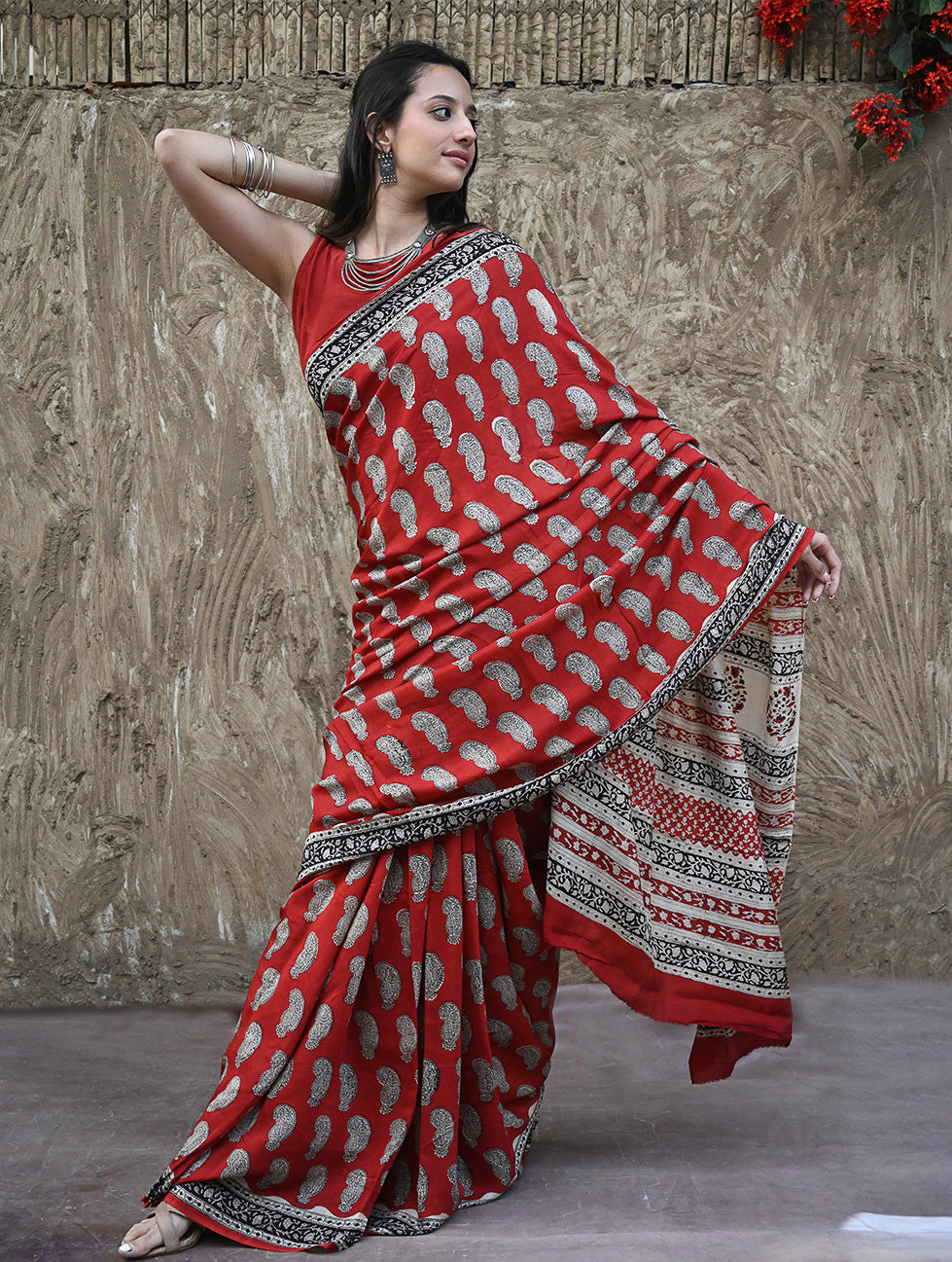 Bagru Statements : Hand Block Printed Modal Silk Saree - Geru Amiya 