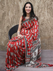 Bagru Statements : Hand Block Printed Modal Silk Saree - Geru Amiya 