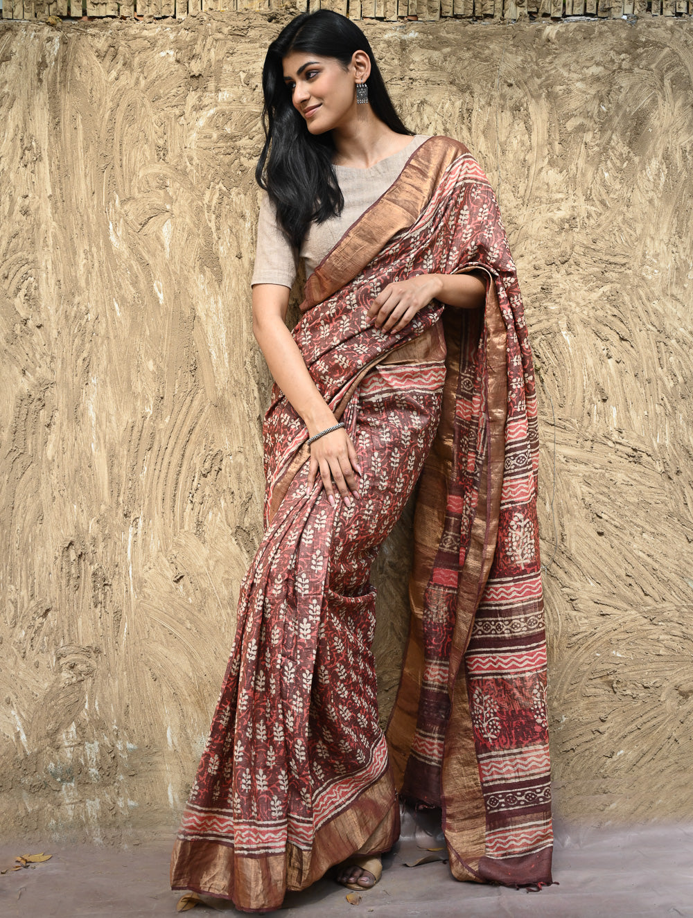 Dabu Vibes : Hand Block Printed Tussore Silk Saree - Gerua
