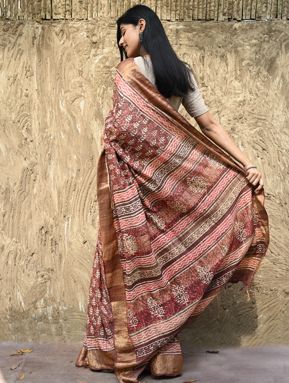 Dabu Vibes : Hand Block Printed Tussore Silk Saree - Gerua