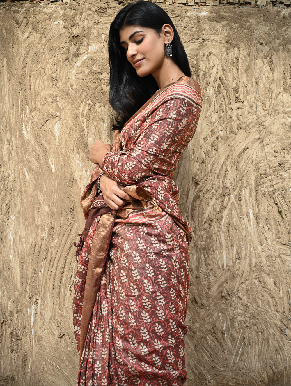 Dabu Vibes : Hand Block Printed Tussore Silk Saree - Gerua