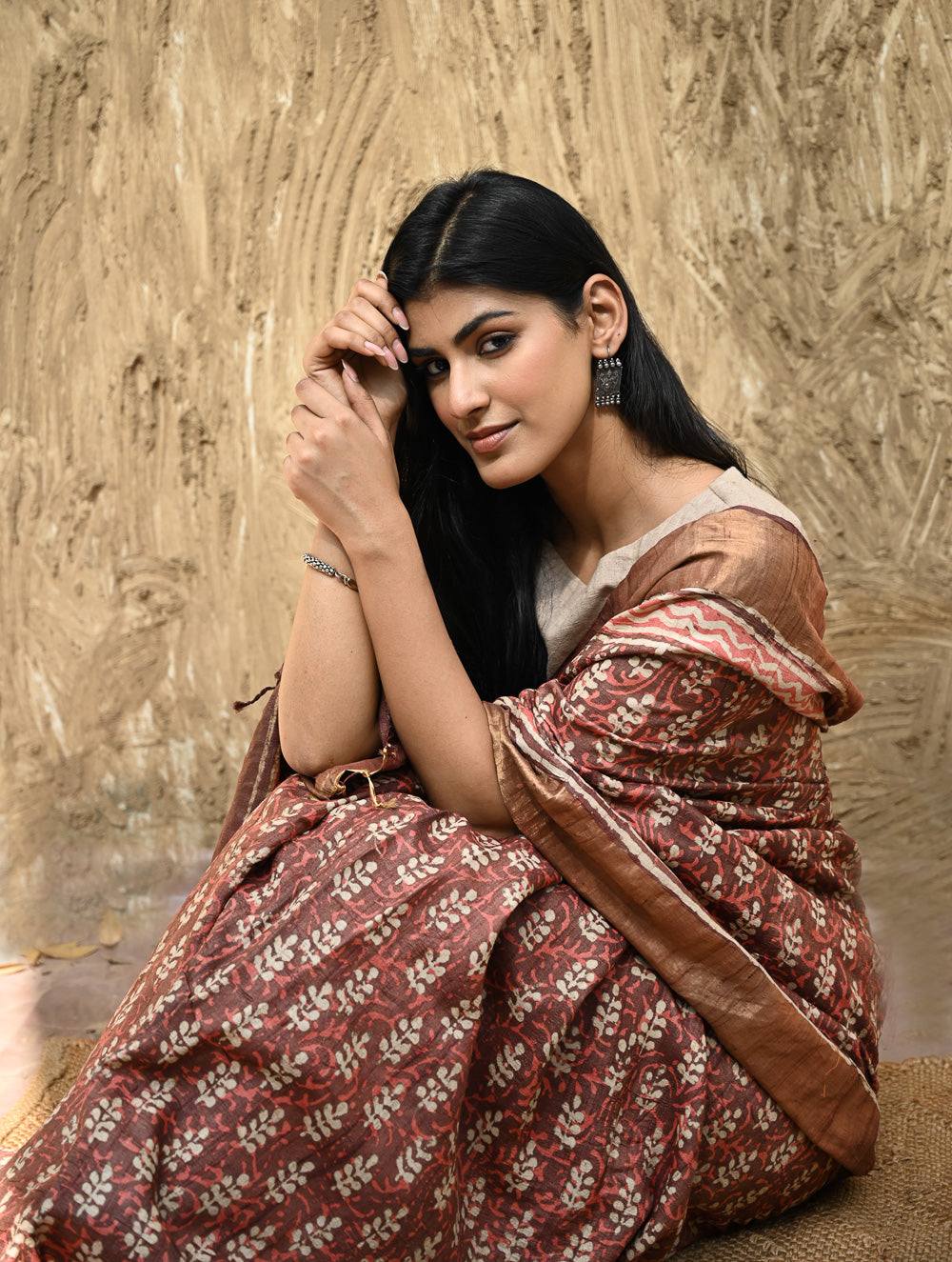 Dabu Vibes : Hand Block Printed Tussore Silk Saree - Gerua