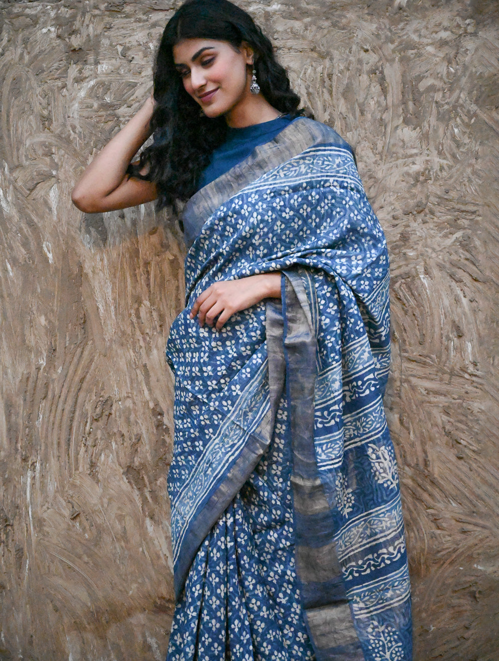 Dabu Vibes : Hand Block Printed Tussore Silk Saree - Neel Bhanwar