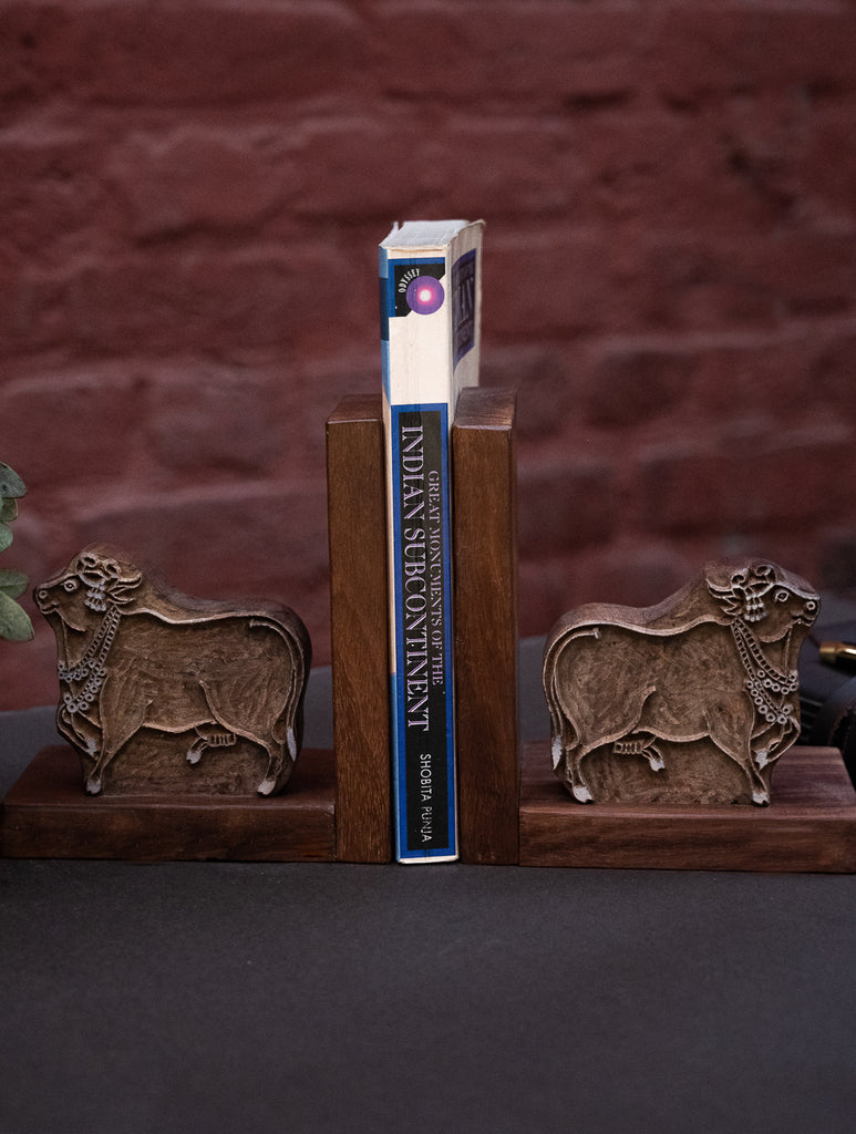 Nazakat. Exclusive, Fine Hand Engraved Wood Block Book Ends (Set of 2) - Cows